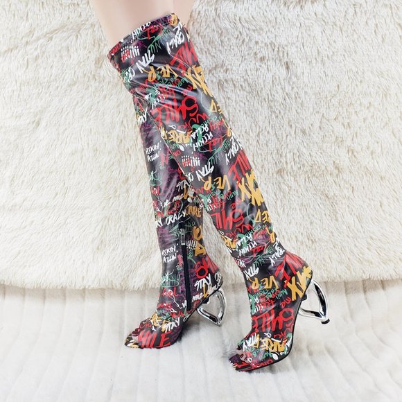 Zen Love Colorful Graffiti Print Over The Knee Boots With Wedge Heart heels - Picture 8 of 16